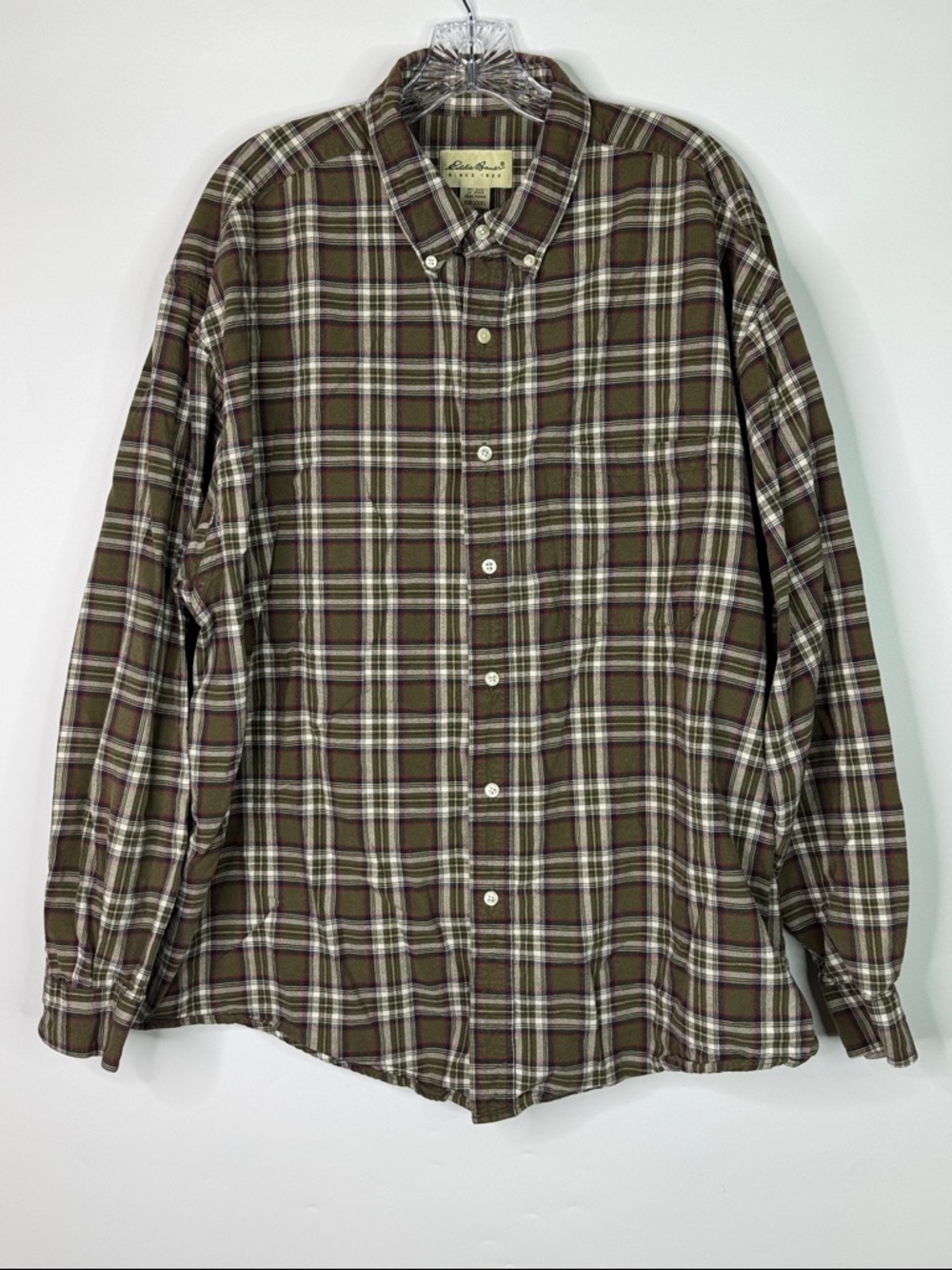 Vintage Eddie Bauer Plaid Brown White Button Down LS Cotton Shirt Size XXL